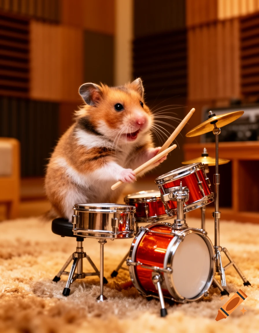 A fluffy hamster enthusiastically plays a miniature red drum set on a brown carpet in a warm-toned room.