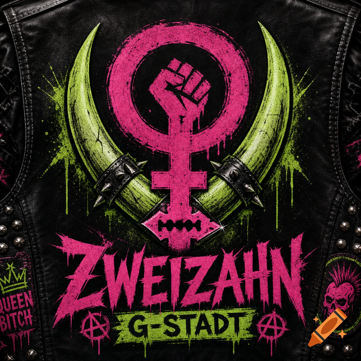 A black leather punk vest with studs, featuring a pink Venus symbol with a raised fist, green spiked tusks, and distressed text 'ZWEIZAHN G-STADT' and 'QUEEN BITCH'.