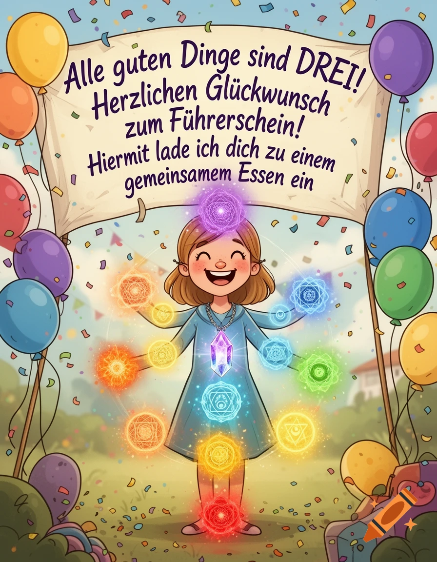 A happy cartoon girl with chakras and a healing crystal necklace stands under a banner celebrating a driving license, surrounded by balloons and confetti.