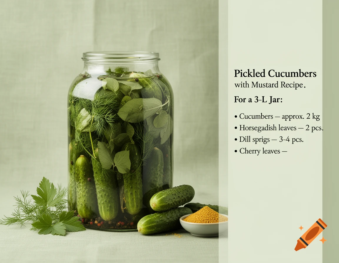 A clear glass jar filled with pickled cucumbers, horseradish leaves, dill, and peppercorns. Fresh cucumbers, dill, and mustard powder are beside it. A recipe panel with text is on the right.