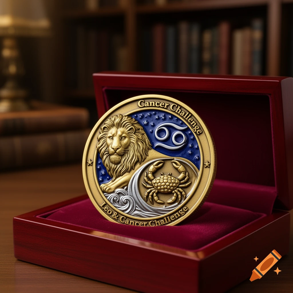 A gold and silver challenge coin with Leo and Cancer zodiac designs, resting in a red velvet box on a wooden desk with bookshelves in the background.