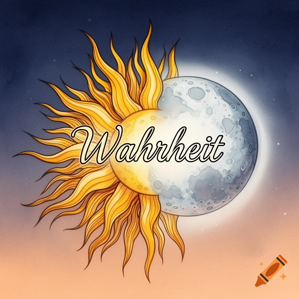 Stylized tattoo design of a sun and moon split down the middle with the word "Wahrheit" (Truth) across them.