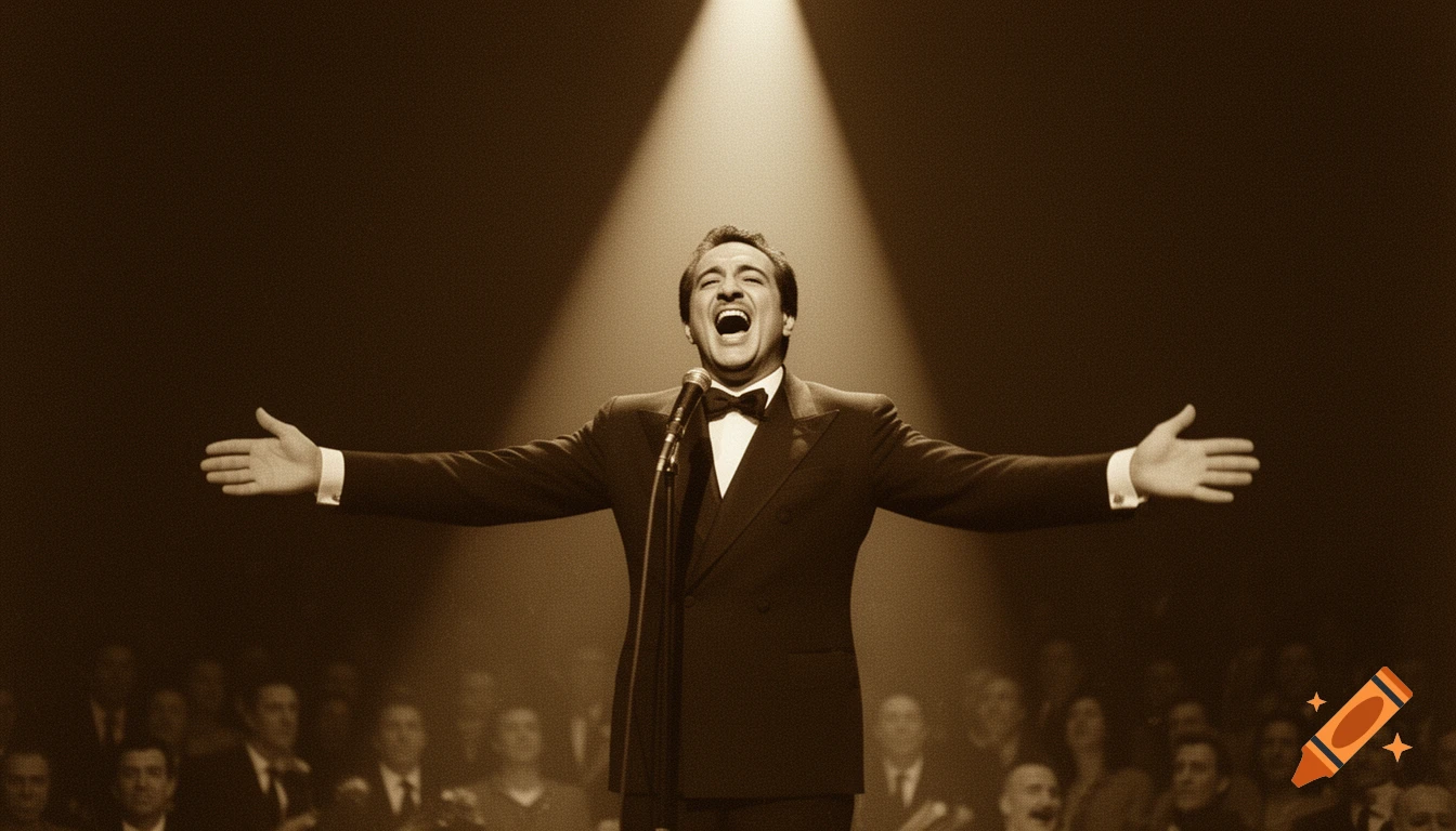 A man in a tuxedo sings passionately on stage under a dramatic spotlight, arms spread wide, in a vintage sepia-toned style.