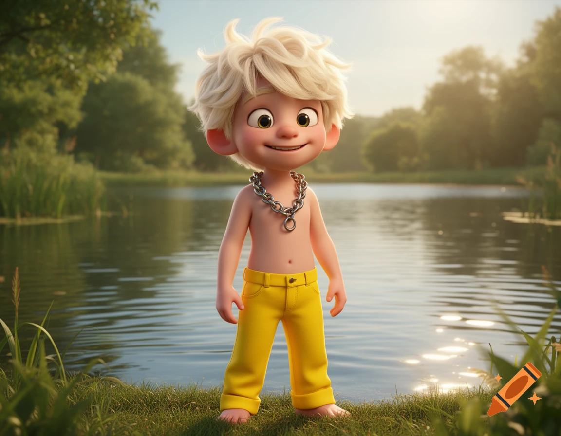 A cute 3D cartoon boy with blonde hair and yellow pants, wearing a chain, stands by a sunny lake surrounded by trees and grass.