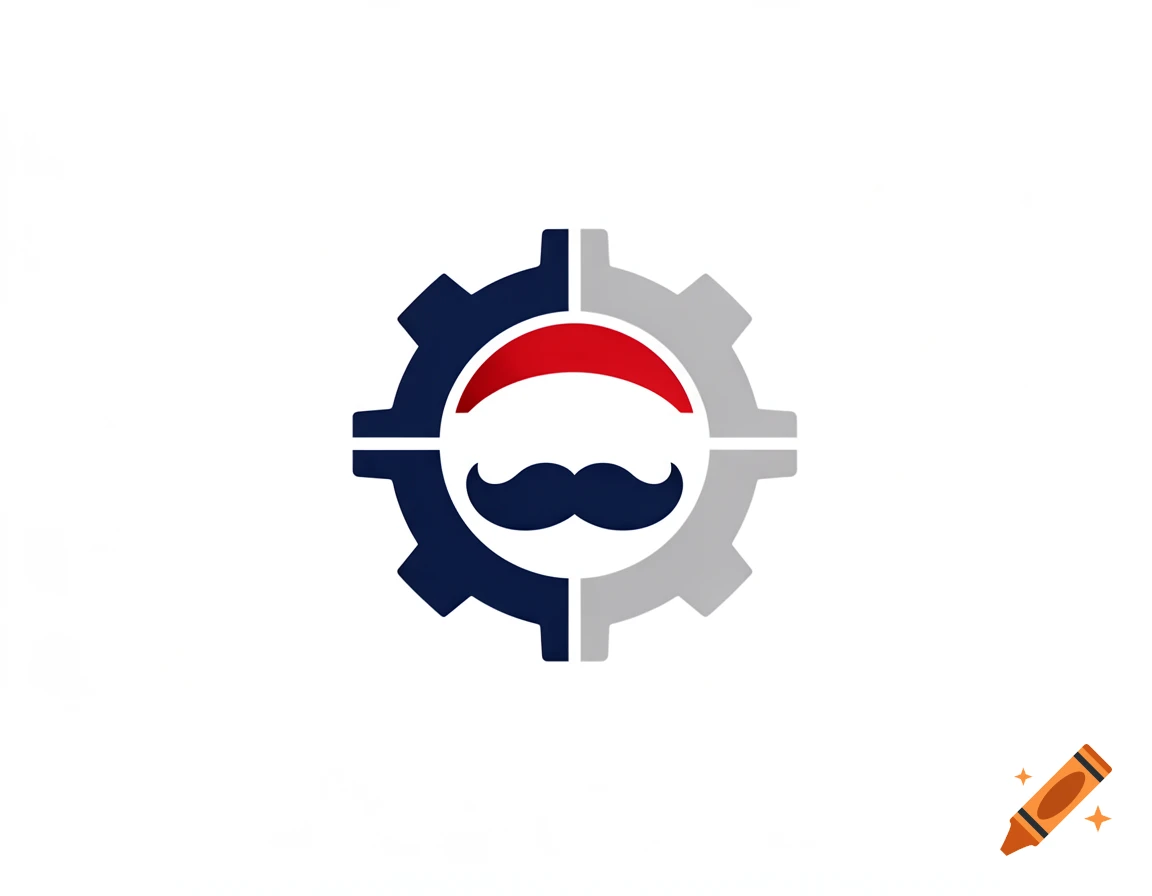 Stylized logo featuring a blue and gray gear with a red semi-circle and a dark blue mustache inside.