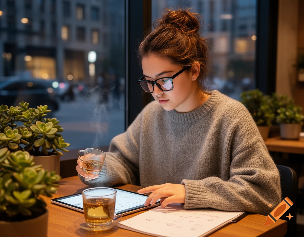 A young woman in glasses and a grey sweater studies on an iPad at a cafe table with a steaming cup of tea.
