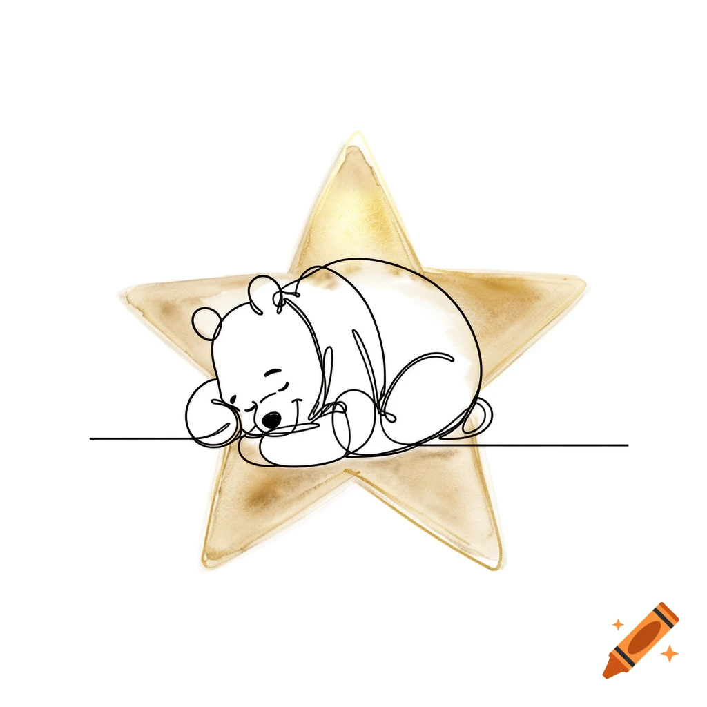 Minimalist continuous line art of Winnie the Pooh curled up sleeping on a golden star, on a white background.