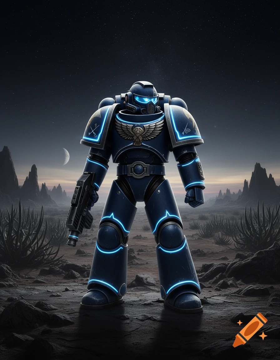 A heavily armored blue Space Marine with glowing blue accents stands on a desolate alien planet under a starry night sky with a crescent moon.