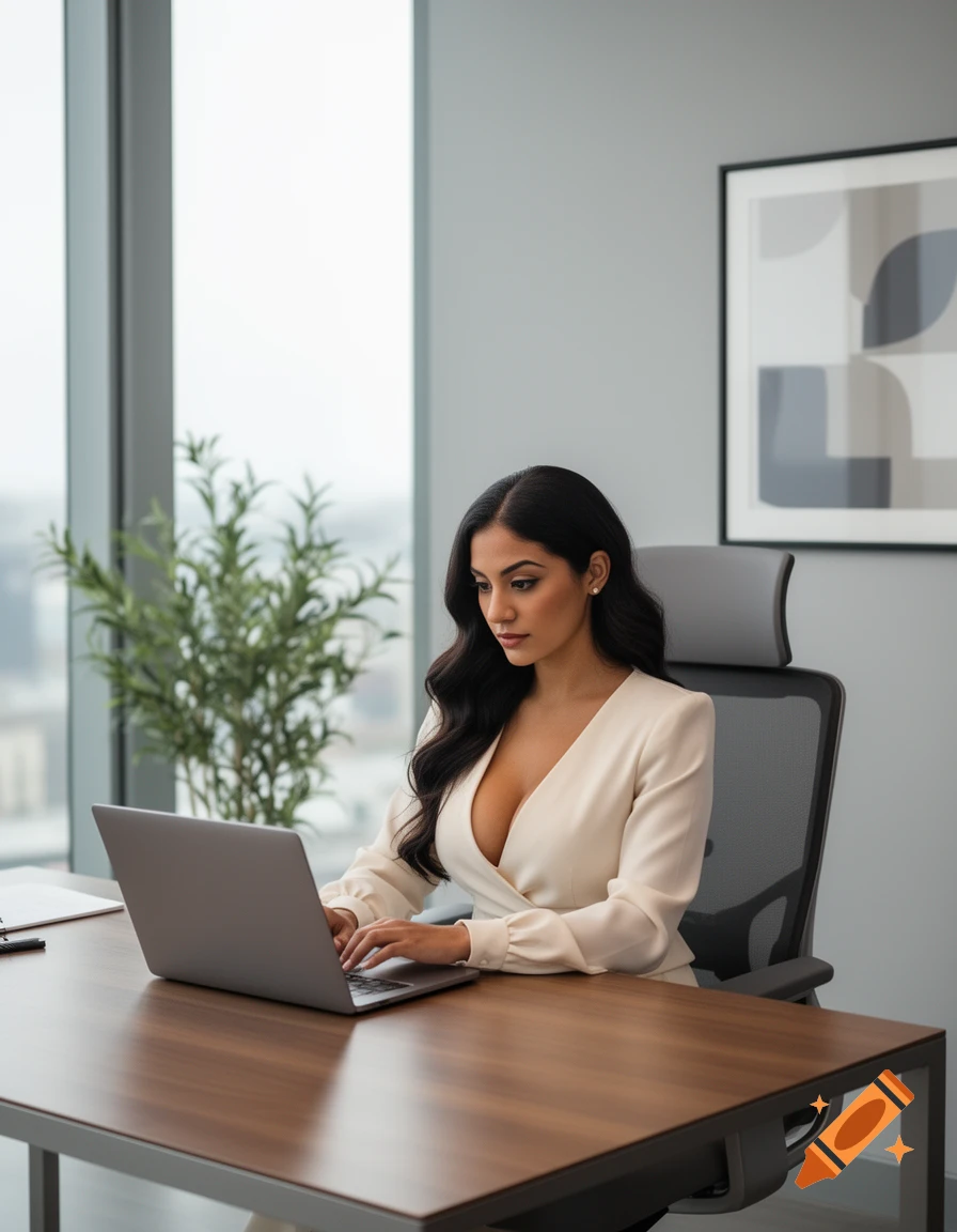 A woman with long dark hair typing on a laptop at a wooden desk in a modern office with a large window.