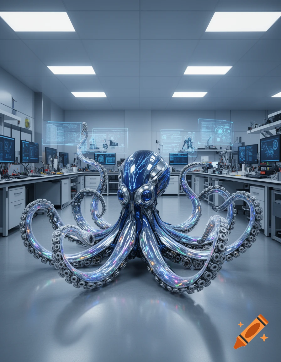 A realistic, detailed robotic octopus with glowing blue accents stands in a futuristic laboratory with monitors displaying data.