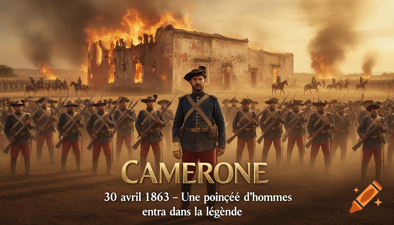 A dramatic scene with historical soldiers in uniform standing before a burning building, under a smoky, golden sky, with text 'CAMERONE'.