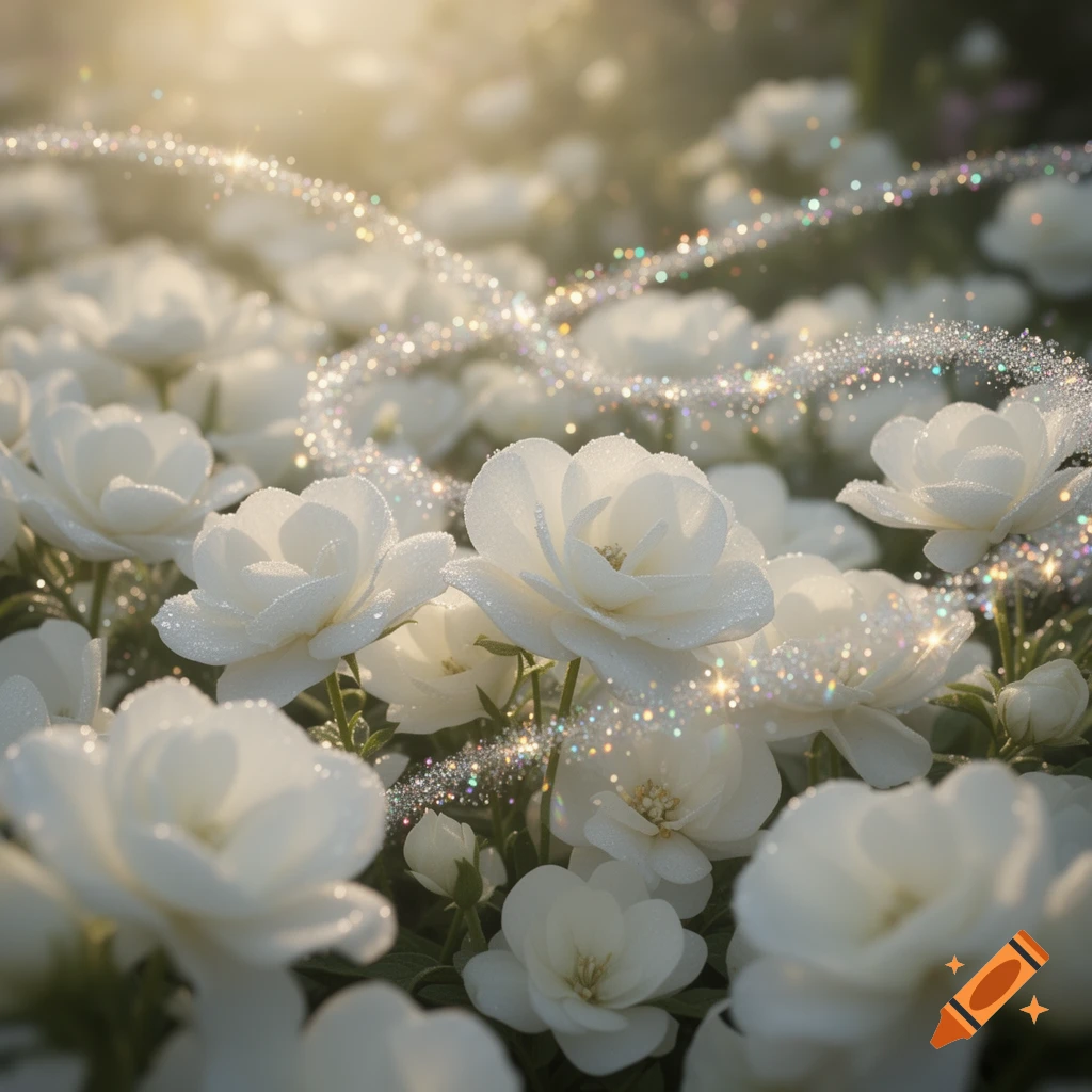 Close-up of numerous white flowers with dew drops and sparkling glitter trails under warm sunlight, creating a magical garden scene.