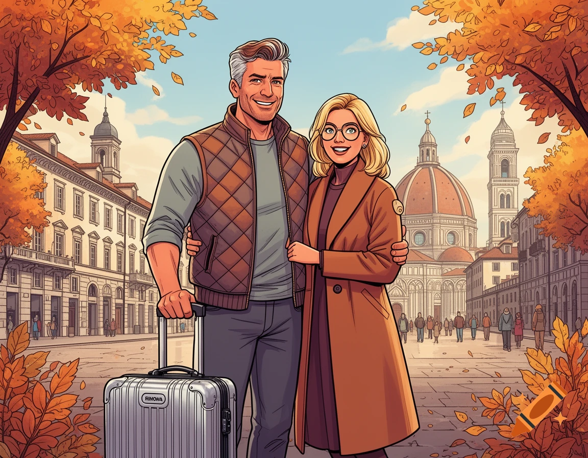 Comic art of a smiling couple with a suitcase, dressed for autumn, in front of a European city with a large dome.