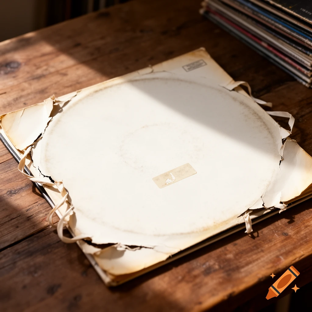 Close-up of a very old, torn, and tattered white record sleeve resting on a rustic wooden table with sunlight shining on it. Other record sleeves are stacked in the background.