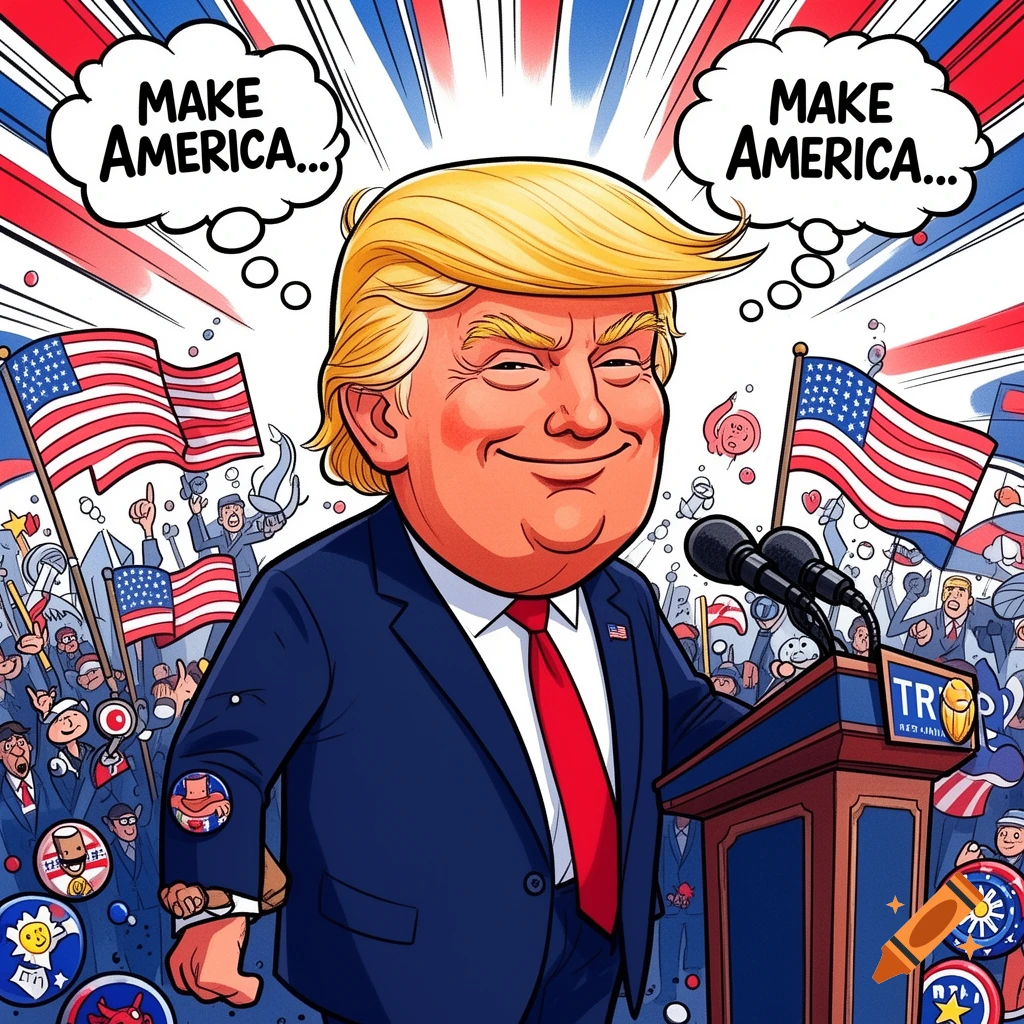 Cartoon caricature of Donald Trump smiling at a podium, with speech bubbles saying 'MAKE AMERICA...' in a rally setting with American flags and a crowd.