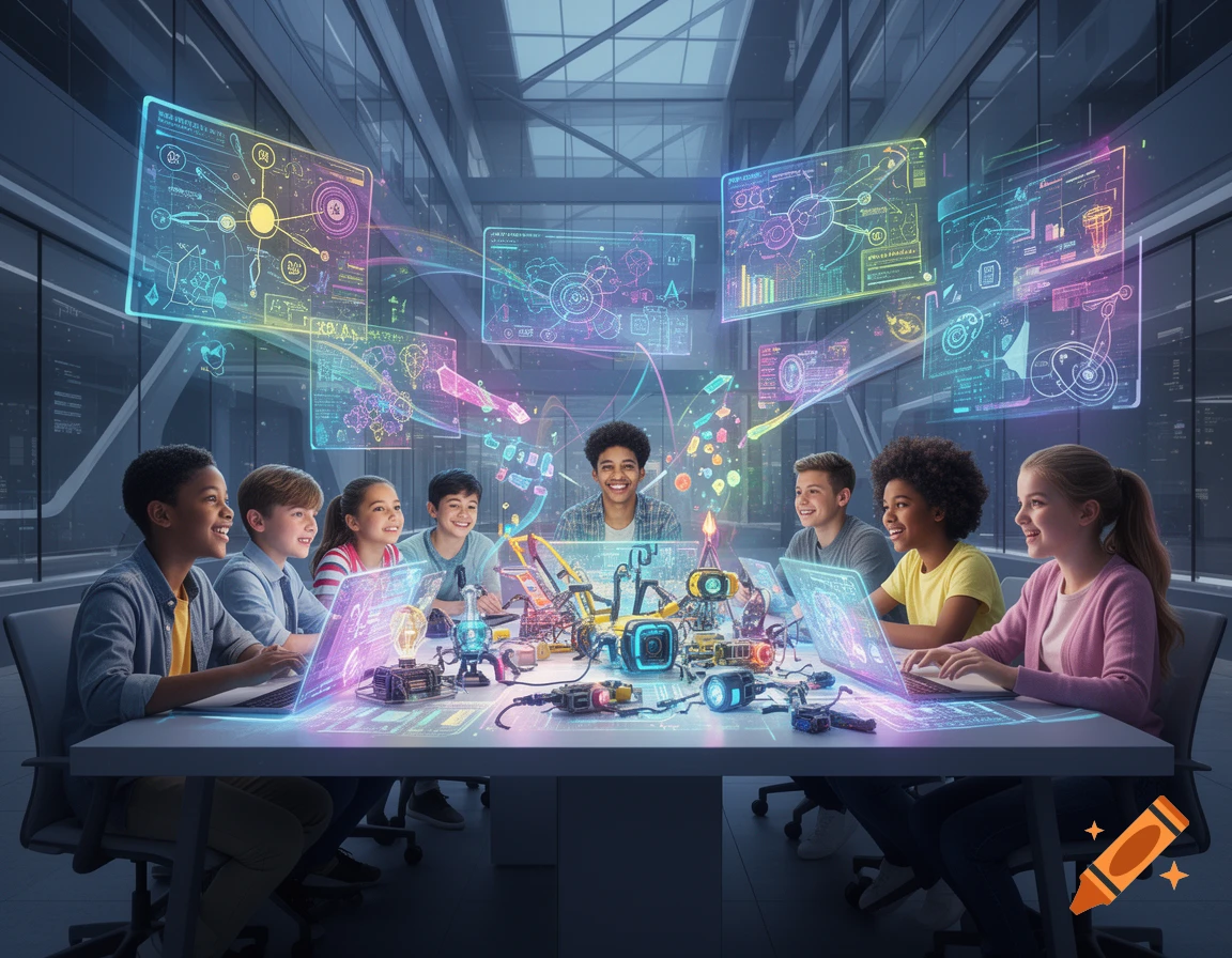 Diverse children collaborate around a table with futuristic glowing laptops, robotics, and holographic screens, demonstrating problem-solving skills.