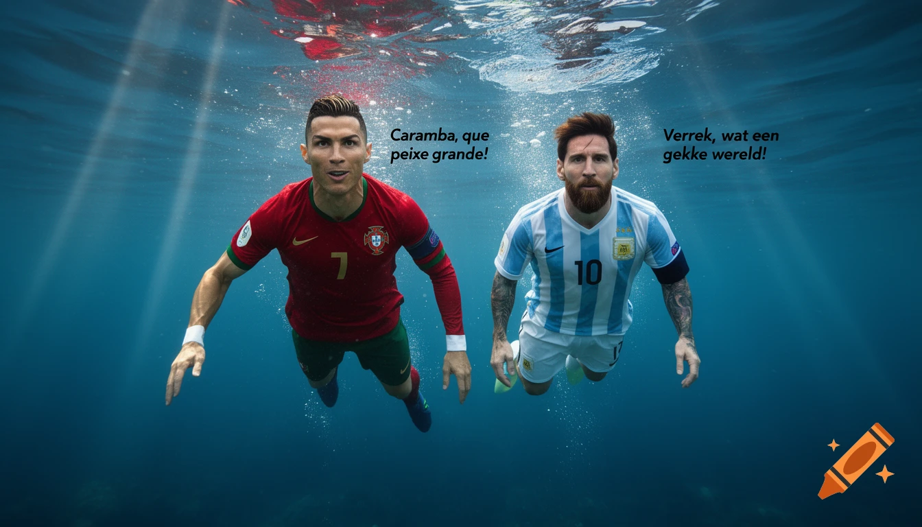 Cristiano Ronaldo and Lionel Messi swim underwater in their soccer jerseys, looking towards the viewer. Ronaldo's text bubble says "Caramba, que peixe grande!", and Messi's says "Verrek, wat een gekke wereld!"