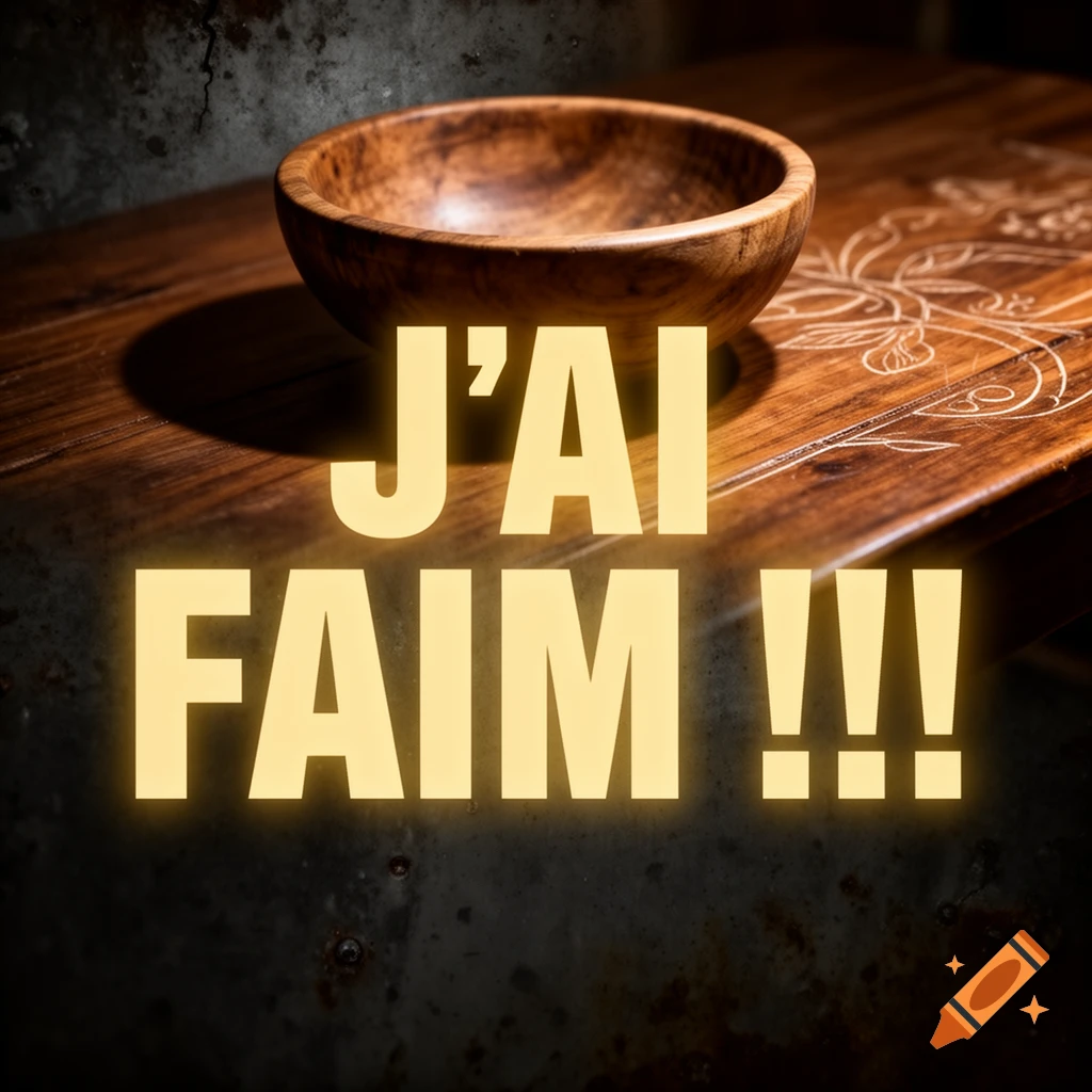 A wooden bowl on a dark rustic wooden table, with large glowing yellow text "J'AI FAIM !!!" (I'M HUNGRY !!!) superimposed.