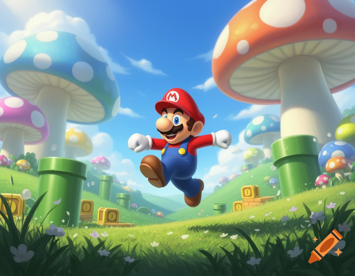 Super Mario leaps across a vibrant, cartoonish Mushroom Kingdom landscape filled with colorful mushrooms, green pipes, and question mark blocks under a blue sky.