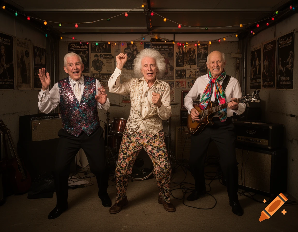 Three elderly men, dressed in colorful, sparkly outfits, are energetically playing music in a dimly lit garage decorated with string lights and old band posters.