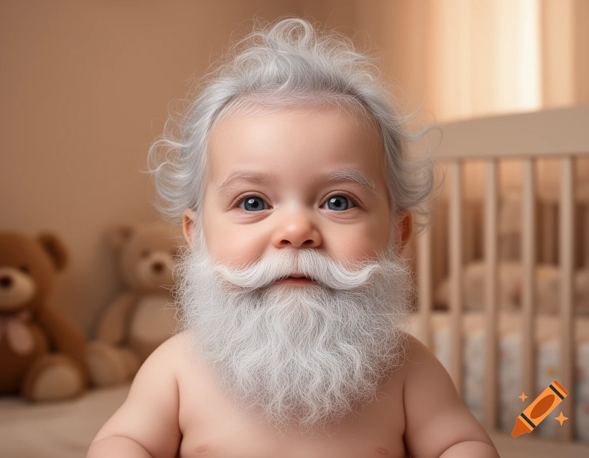 Close-up photorealistic portrait of a baby with white hair and a white beard, smiling, in a nursery.