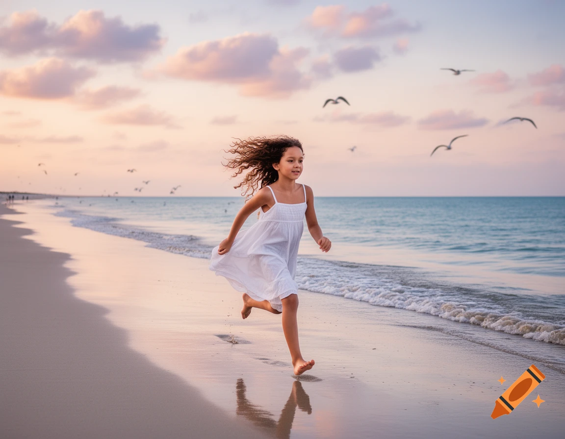 A young girl with curly hair runs barefoot on a sandy beach at sunset, with ocean waves and birds in the background.