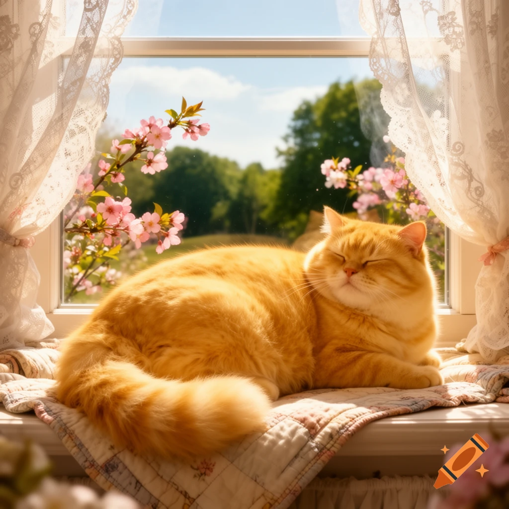 A chubby orange cat sleeps peacefully on a quilted blanket on a sunlit windowsill with pink cherry blossoms and green trees visible outside.