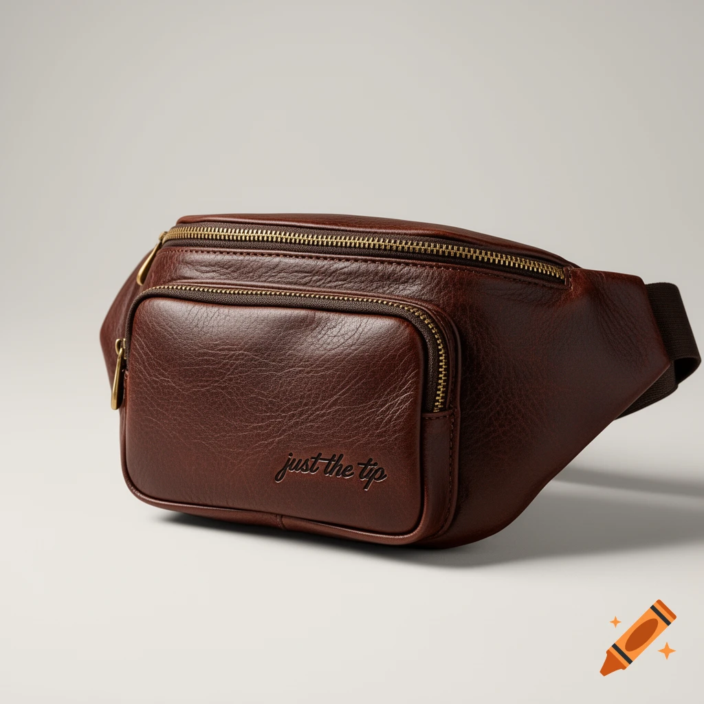 Brown leather fanny pack with "just the tip" embossed on the front, photorealistic.