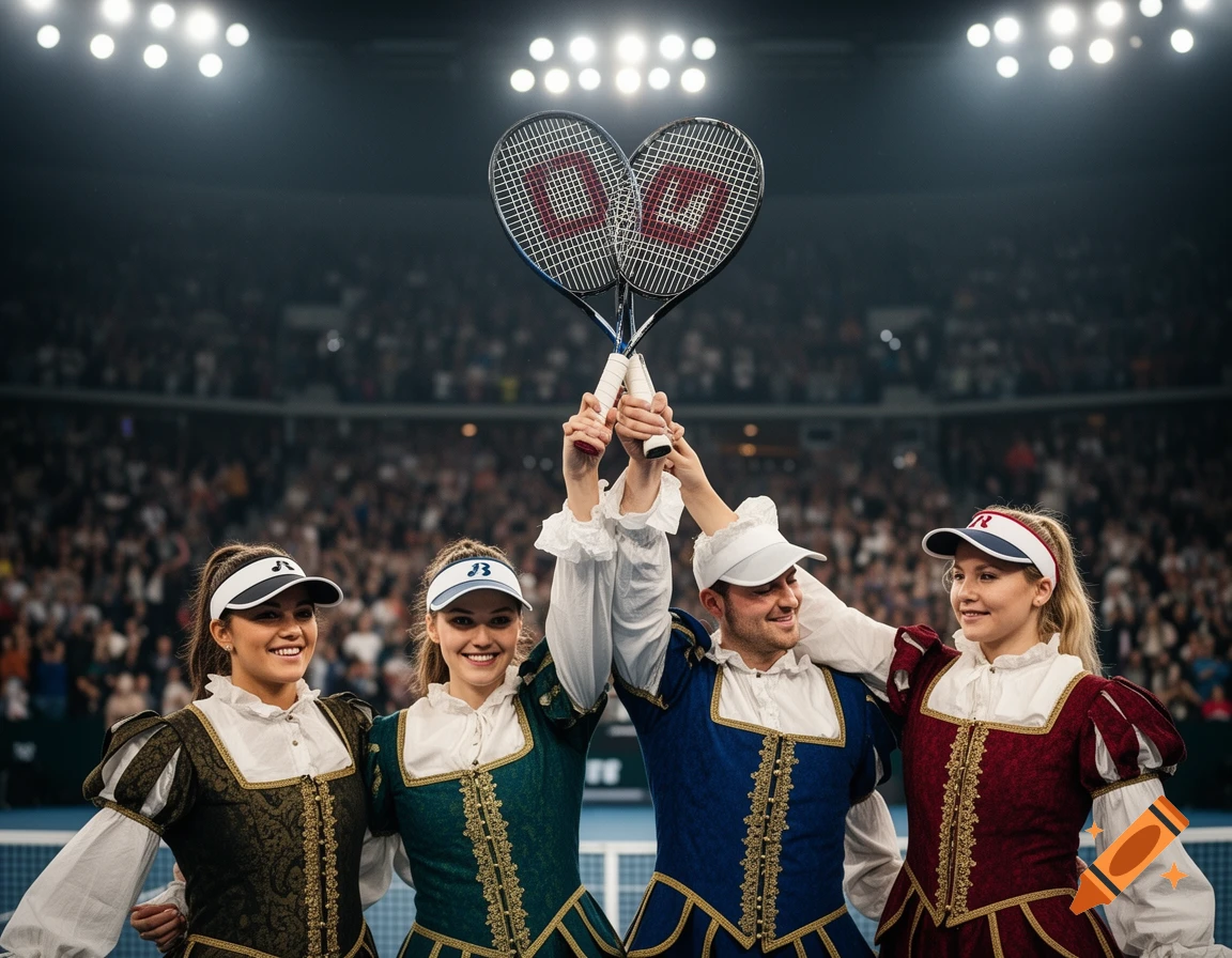 Four smiling people in elaborate historical-style costumes and visors pose on a tennis court, holding two crossed rackets overhead in a heart shape, with a stadium audience in the background.