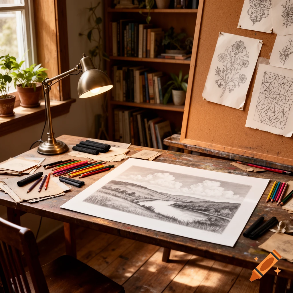Sunlit artist's desk with drawing supplies, a landscape sketch, and other artwork in a cozy studio.