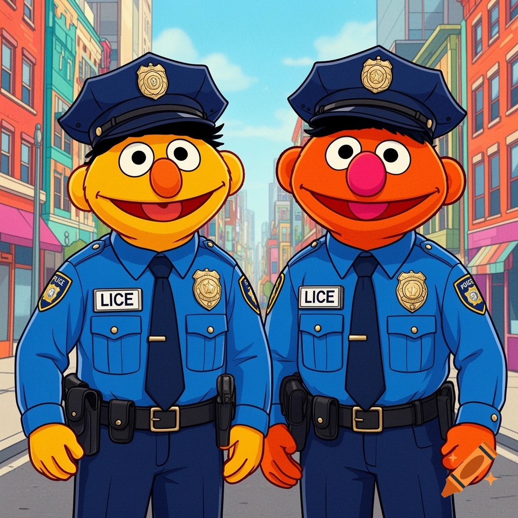 Cartoon Bert and Ernie as police officers with 'LICE' on their name tags, standing on a city street.