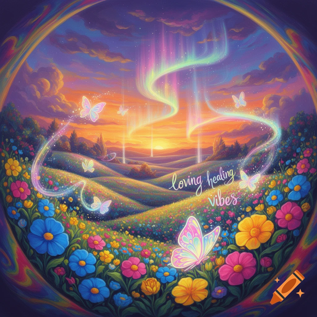 Psychedelic landscape with colorful wildflowers, glowing butterflies, aurora, and 'loving healing vibes' text, all within a rainbow frame.