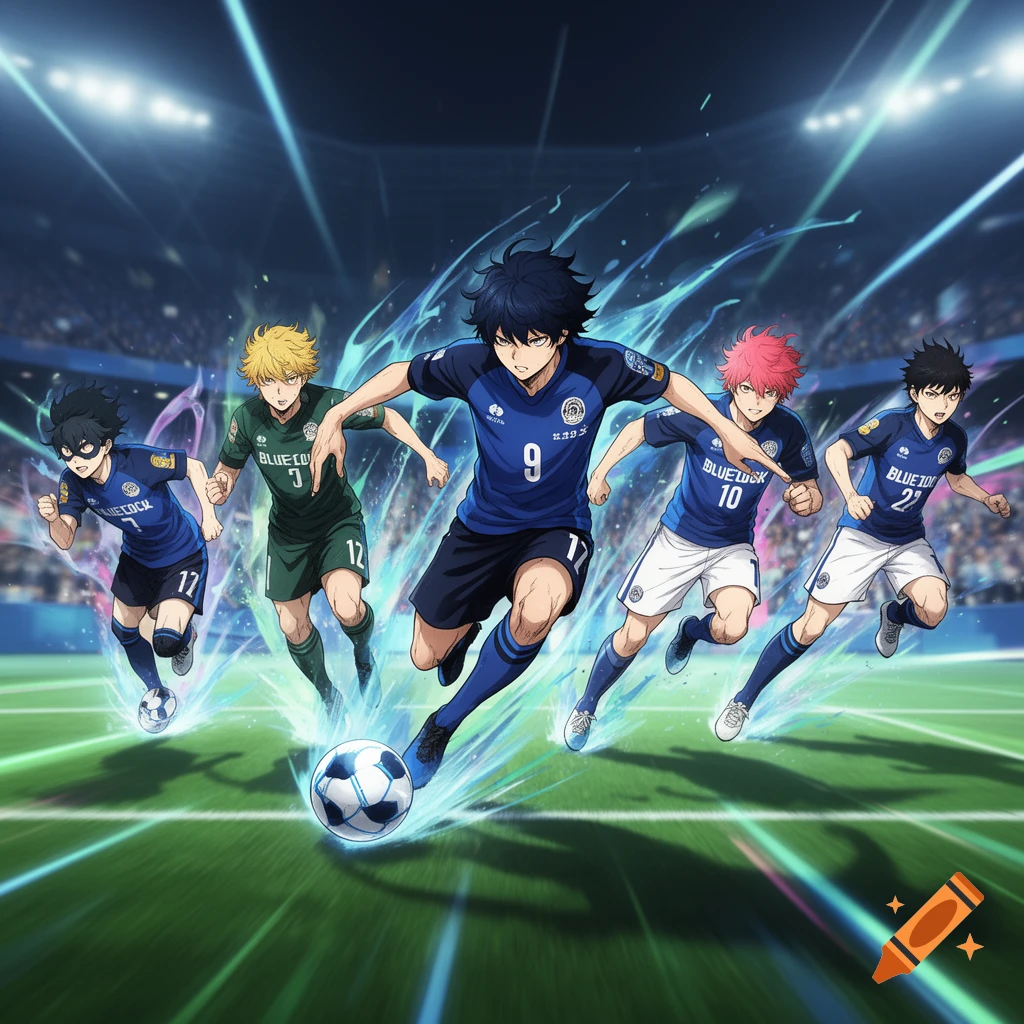 Anime-style male soccer players in blue and green jerseys running on a field with a soccer ball in a stadium.