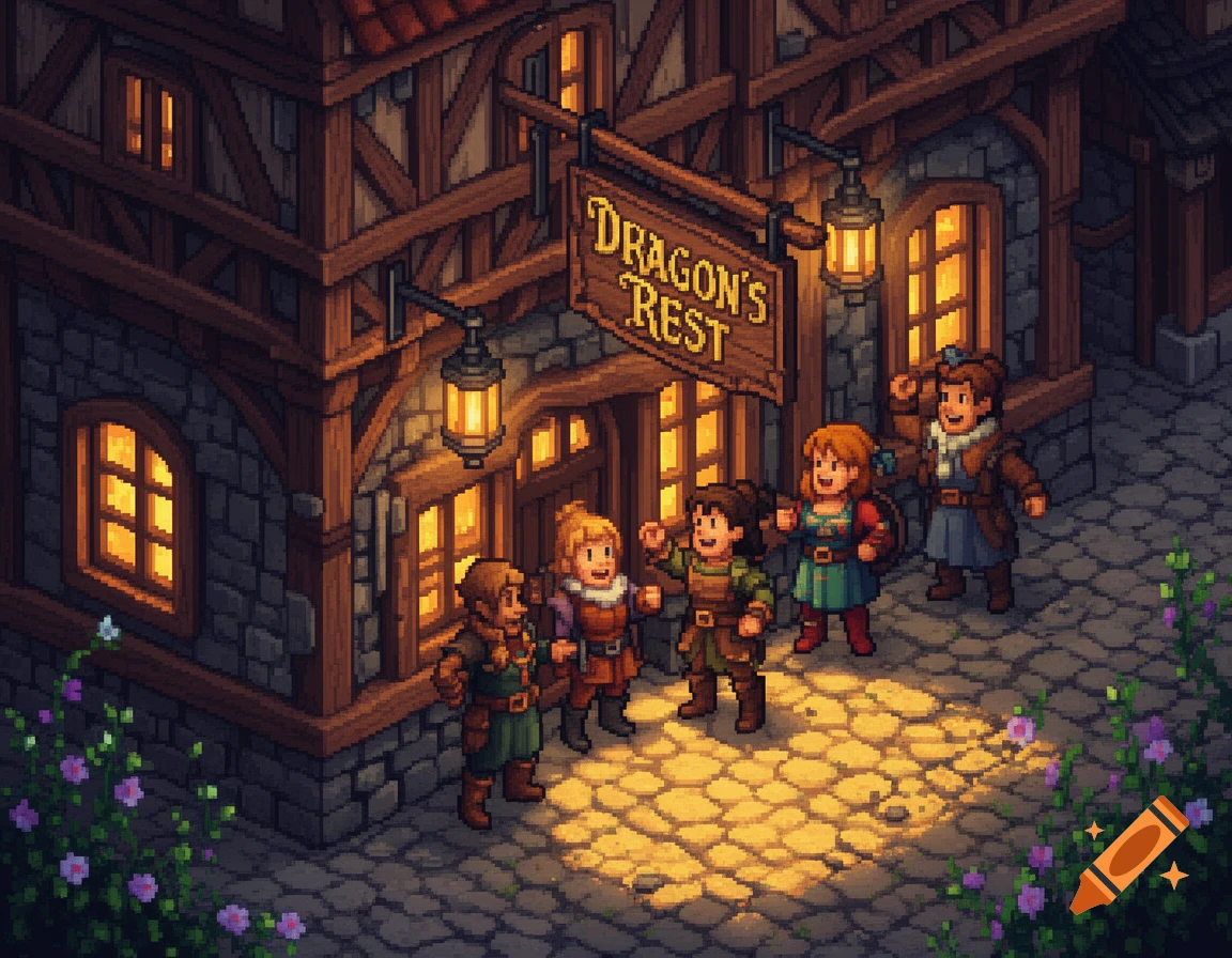 16-bit pixel art of adventurers gathered outside a warmly lit 'Dragon's Rest' tavern at night.