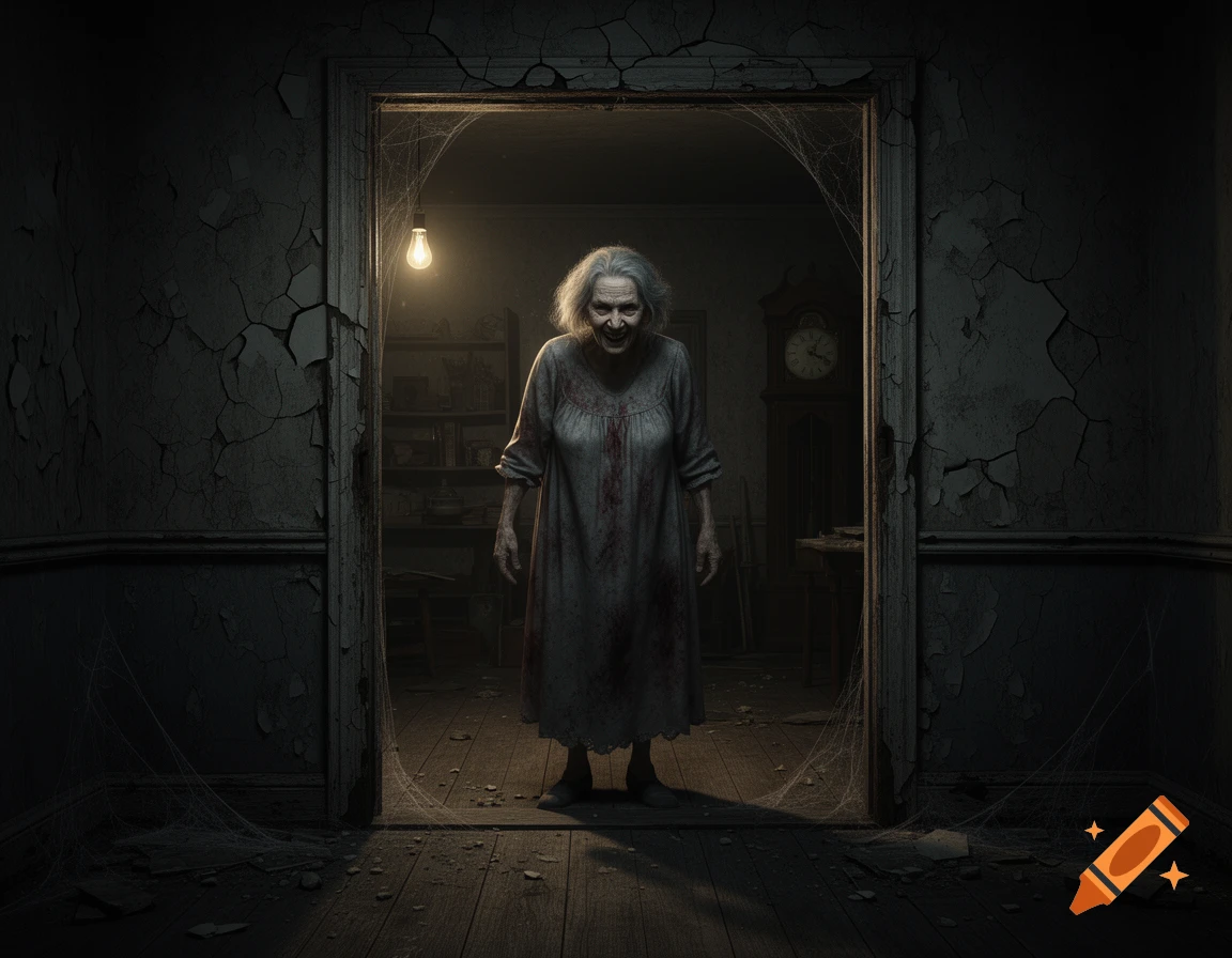 A creepy old woman with a menacing smile and blood-stained dress stands in a dark, dilapidated doorway with cobwebs.