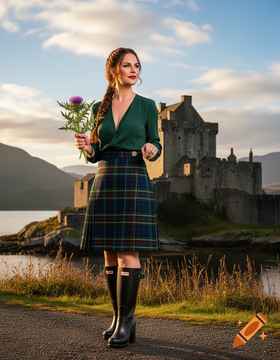 A woman in a green top, plaid kilt, and black Hunter boots, holding a thistle in the Scottish Highlands with Eilean Donan Castle.