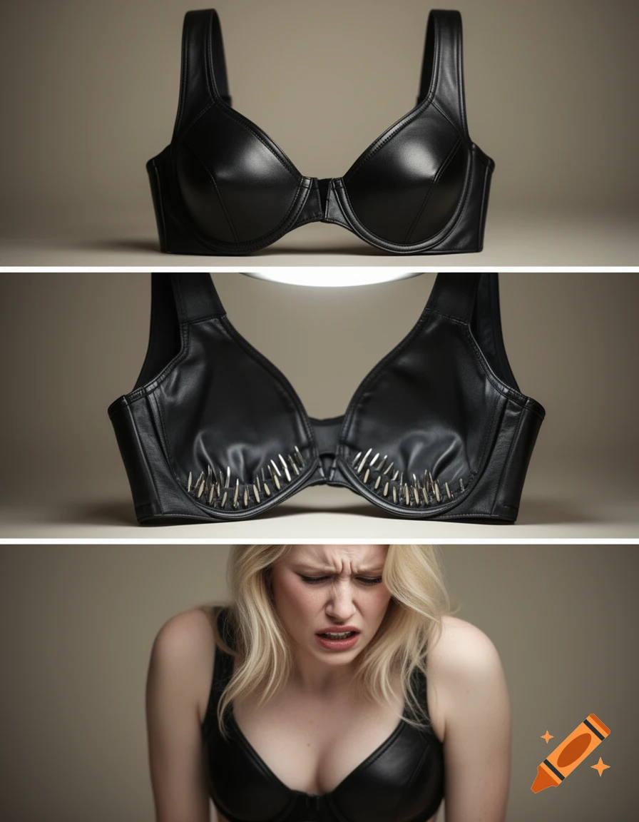 A composite image shows a black leather bra, a bra with inner spikes, and a blonde woman wearing it looking uncomfortable.