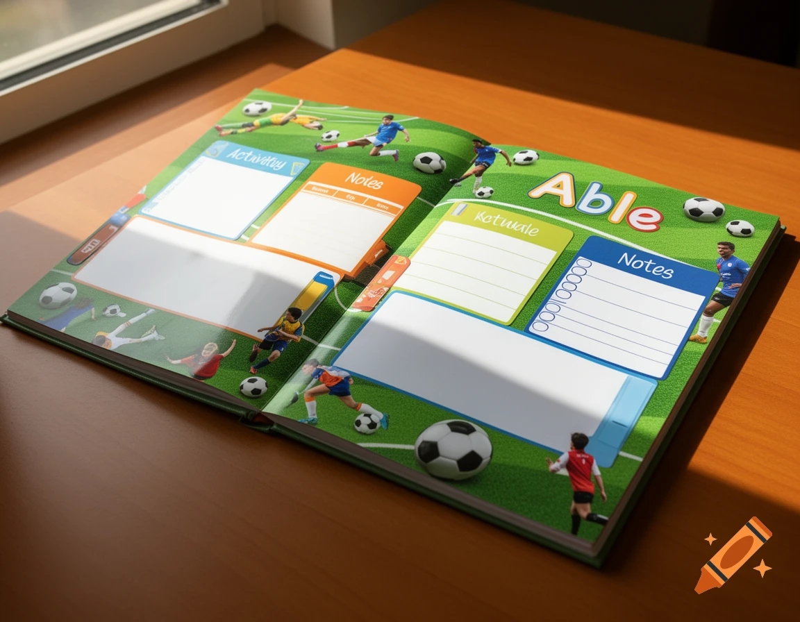 An open soccer-themed planner with green pages designed to look like a field, featuring small cartoon soccer players and soccer balls. The planner has blank sections labeled "Activity", "Notes", "Able", and "Kotwale".