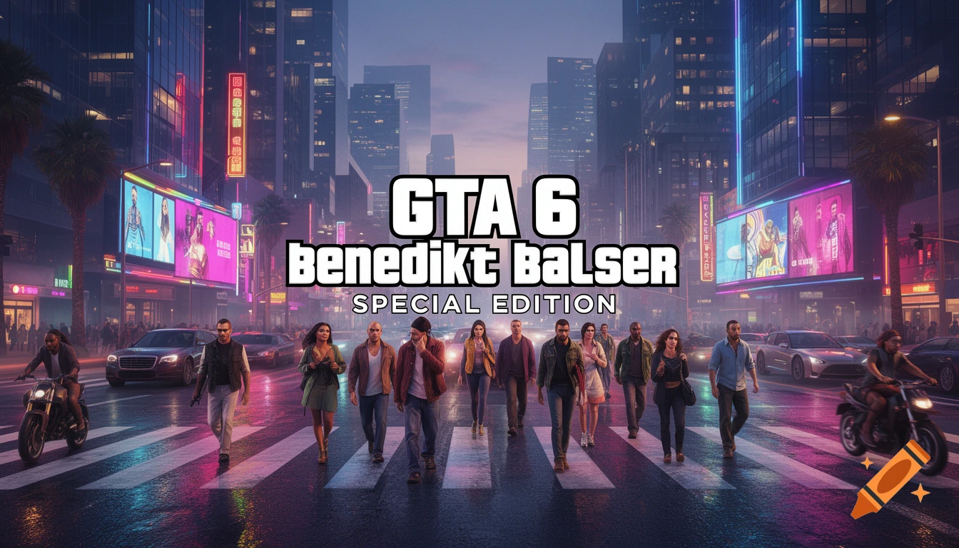 GTA 6 game poster showing diverse characters walking a crosswalk in a neon-lit city at dusk, with cars and motorcycles.