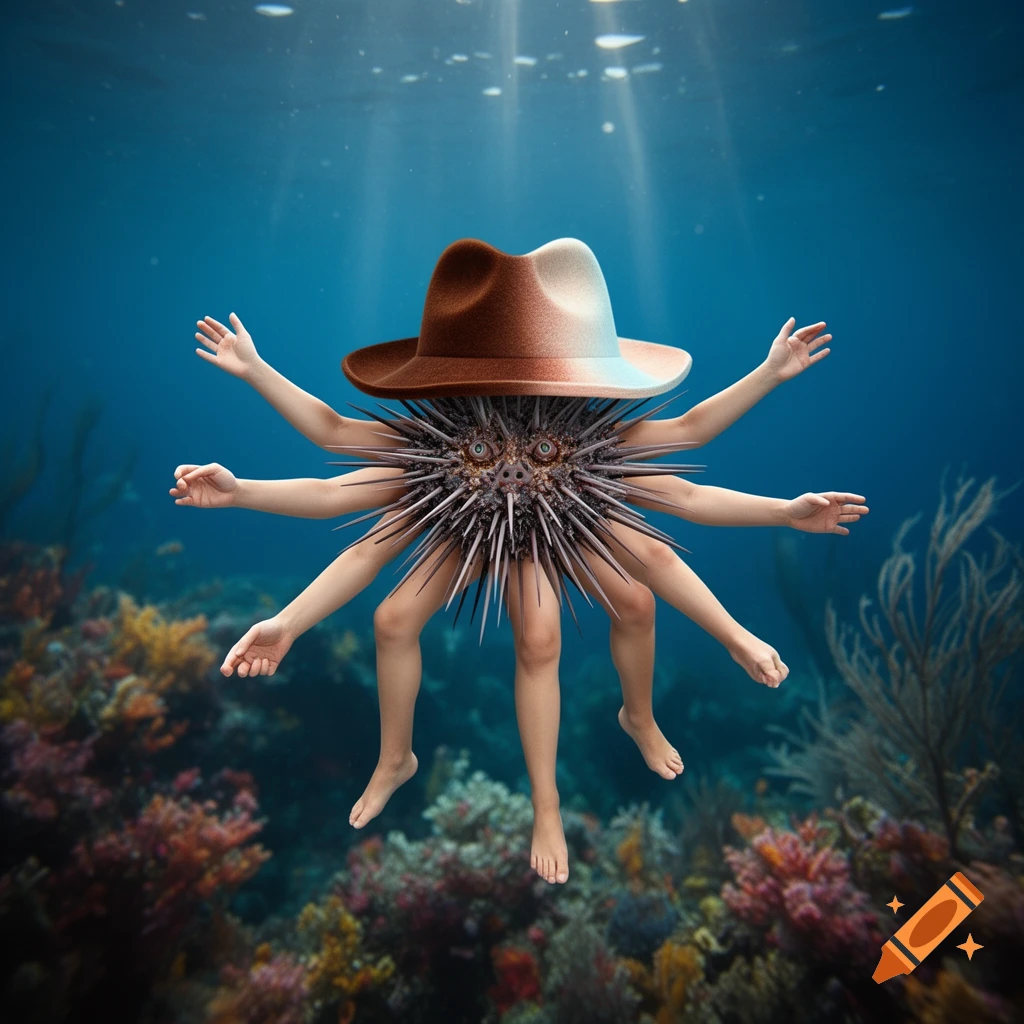 A surreal sea urchin creature with multiple human arms and legs wears a brown and white hat, floating in a blue ocean over coral.