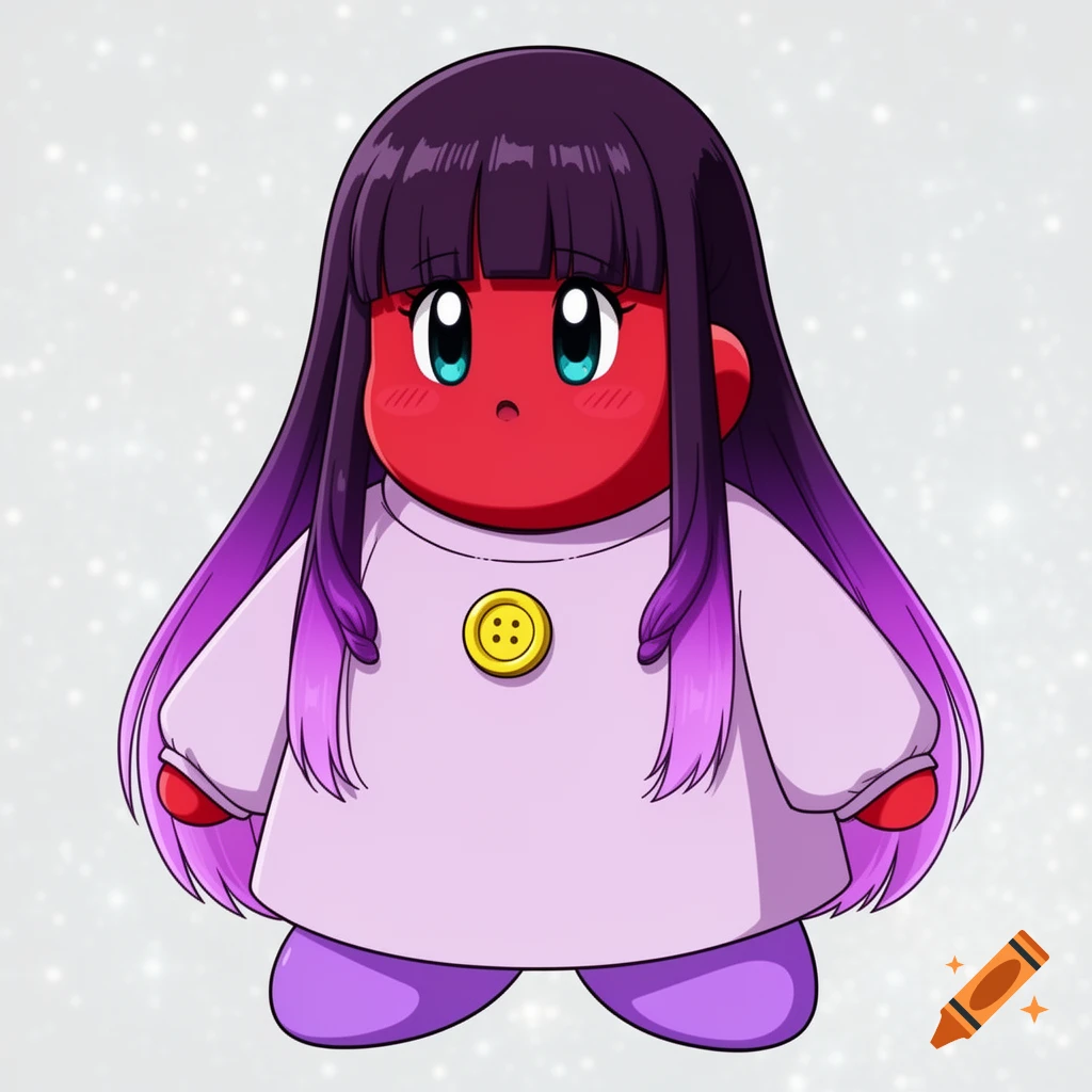A cute, red-skinned, Kirby-like anime character with long purple ombre hair and large blue eyes wears a light purple tunic with a yellow button.
