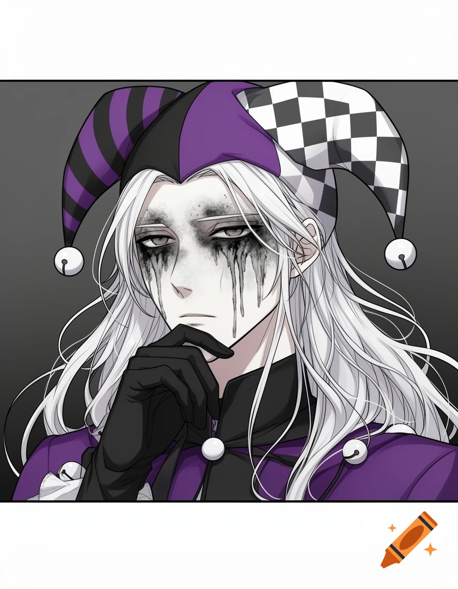 A cel-shaded webtoon illustration of a gothic jester with long white hair, smudged makeup, and a purple, black, and white hat, resting his chin on a gloved hand.