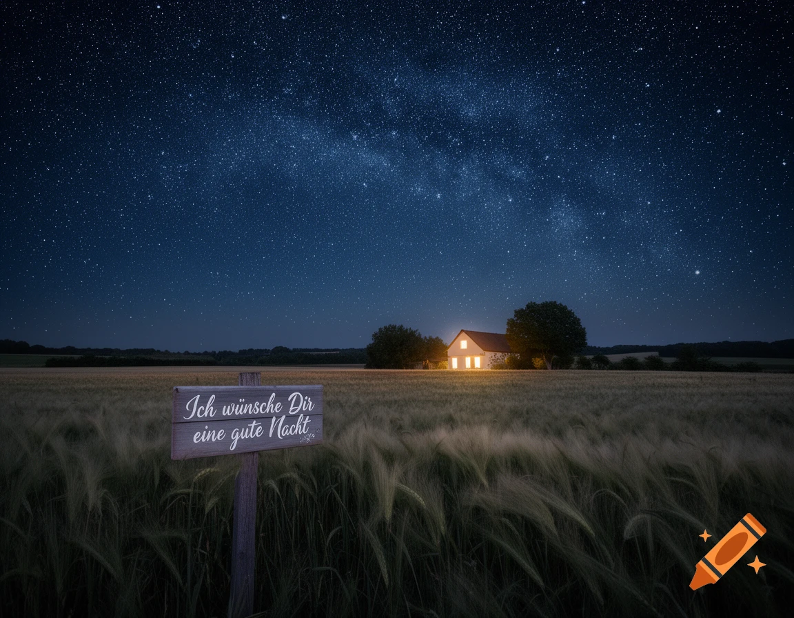 A photorealistic night scene with a starry sky over a field, a glowing house, and a wooden sign saying "Ich wünsche Dir eine gute Nacht".