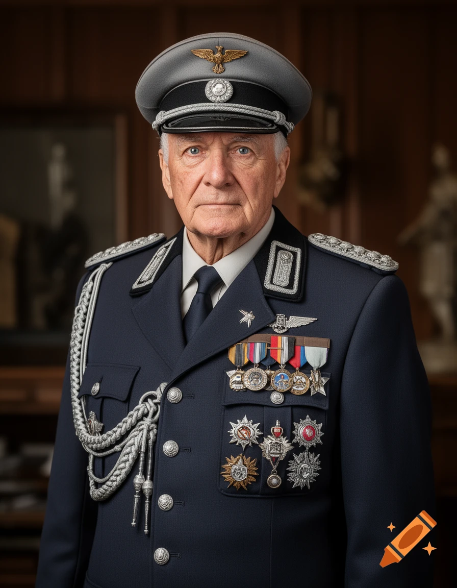 Photorealistic portrait of an elderly man in a dark blue military uniform with numerous medals and a grey peaked cap.