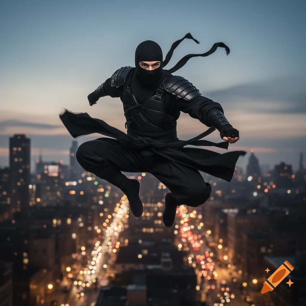 A black-clad ninja in a dynamic floating pose, silhouetted against a dusk sky above a blurred city with glowing lights.