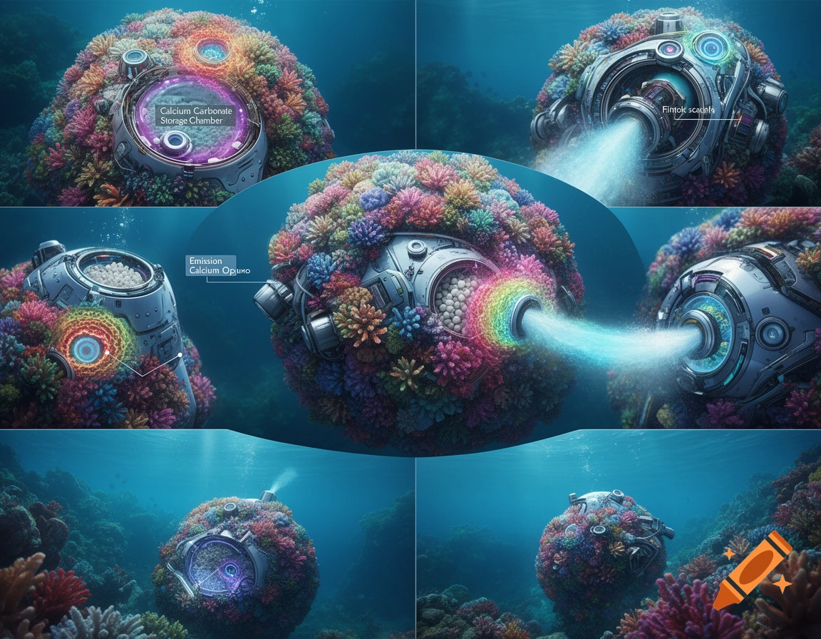 A multi-panel image of a futuristic robotic coral reef underwater, showing detailed views of its internal mechanisms for calcium carbonate storage and emission, surrounded by colorful coral.