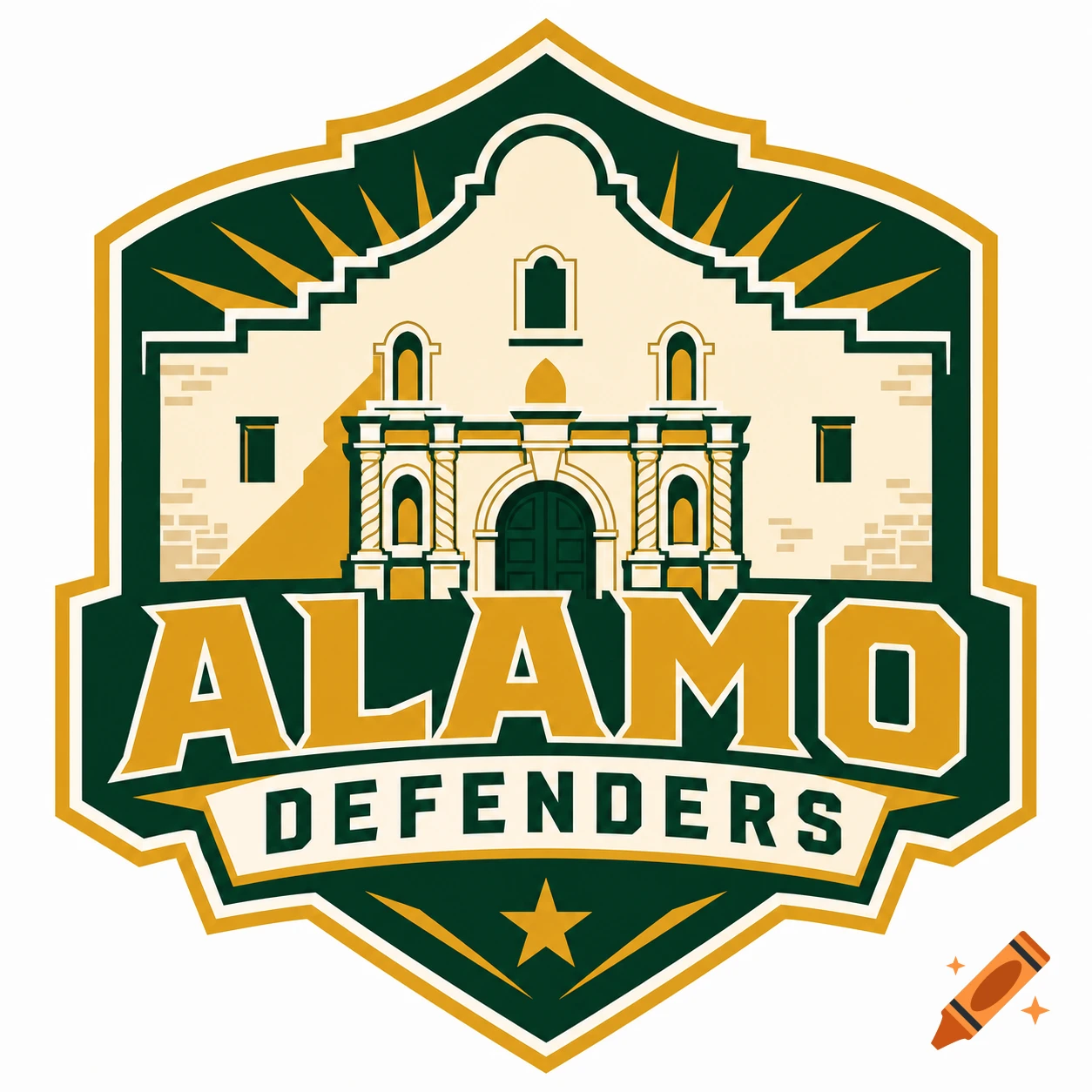 A sports logo in green and gold, featuring a stylized Alamo building above 'ALAMO DEFENDERS' text.