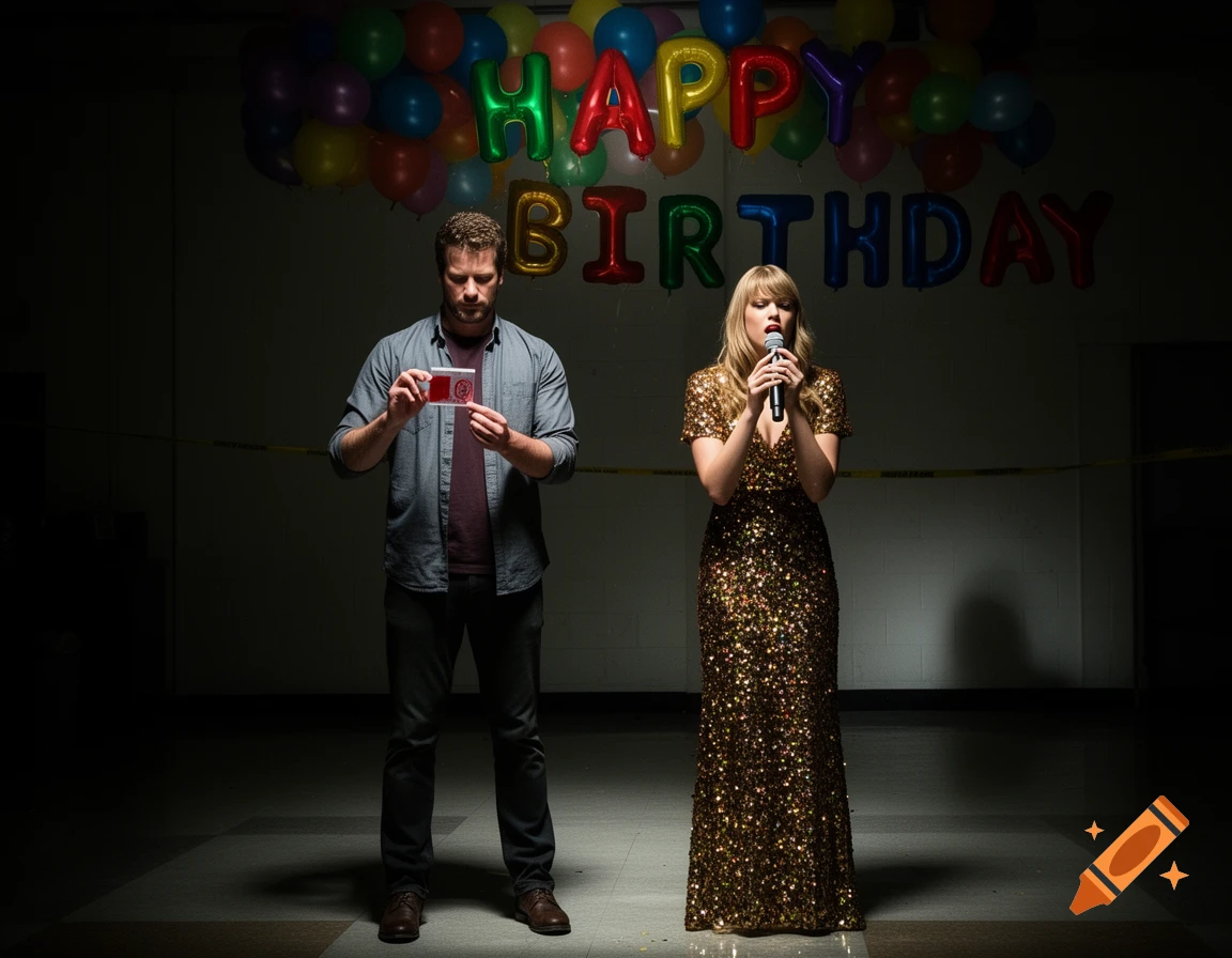 A man in a casual shirt holds a red card, standing next to a woman in a gold sequined dress singing into a microphone. Balloons spelling "HAPPY BIRTHDAY" are above them in a dimly lit room.