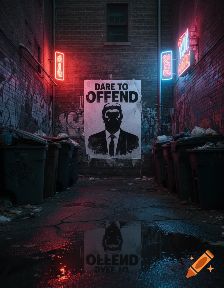 Dark, wet alley at night with red and blue neon lights. A poster on a brick wall reads "DARE TO OFFEND" above a man's silhouette.
