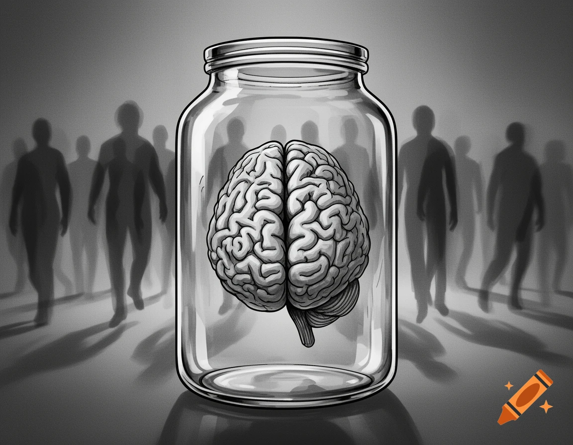A 2D black and white illustration of a brain inside a glass jar, with blurred shadow figures surrounding it in the background and foreground.